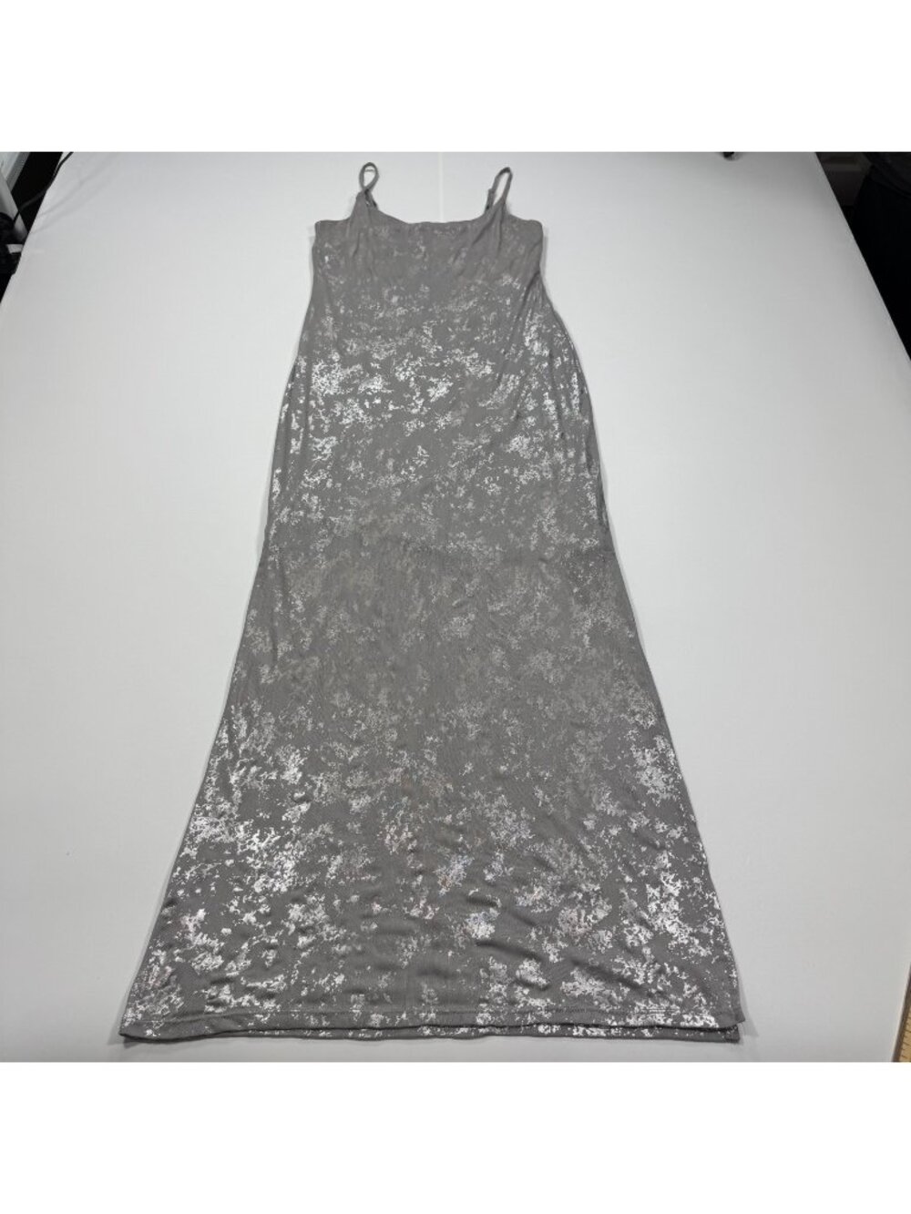 No Comment Dress Women M Gray Floral Polyester Maxi Slip Lined Side Slit Stretch
